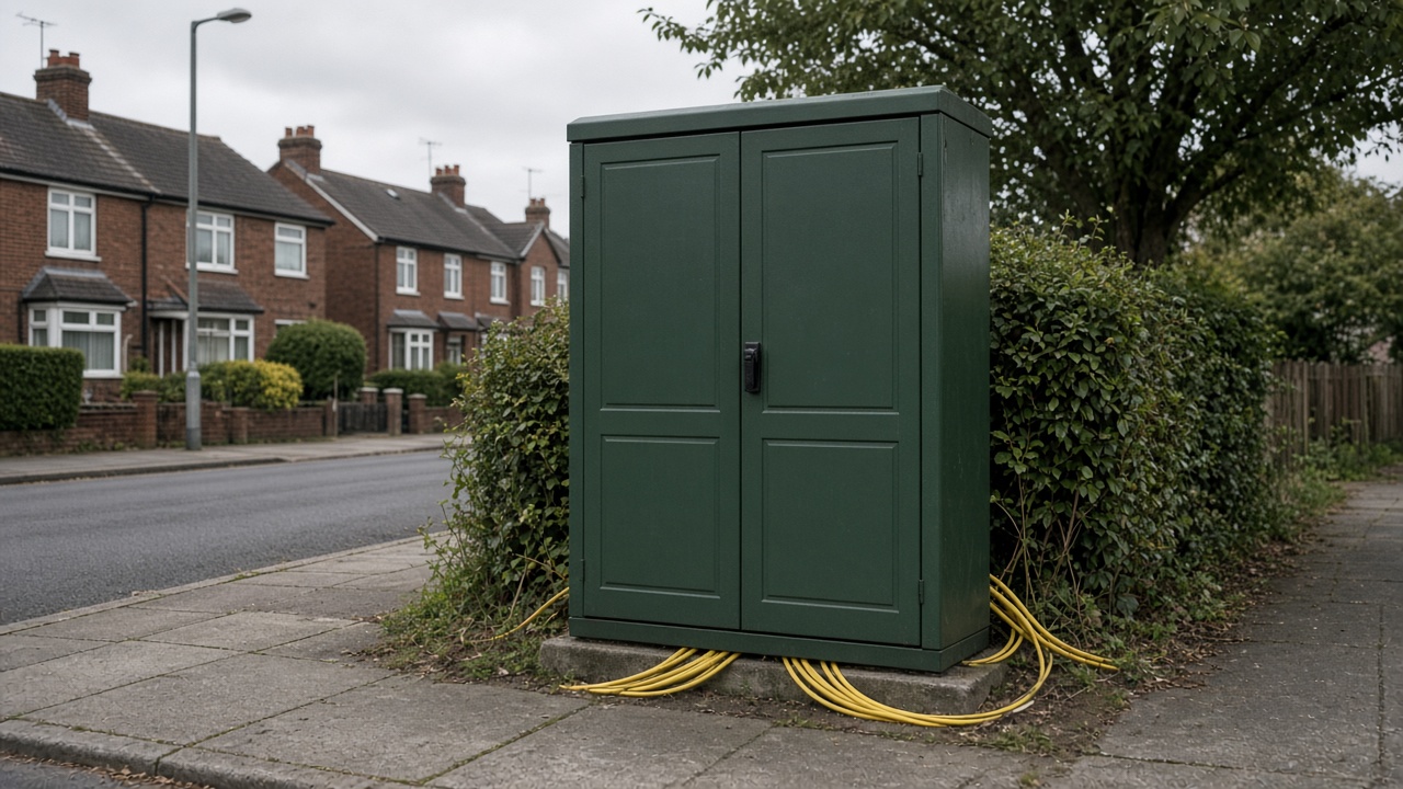Green Openreach-style street cabinet on a suburban pavement with fibre cables visible at the base, overcast daylight, no readable labels or logos
