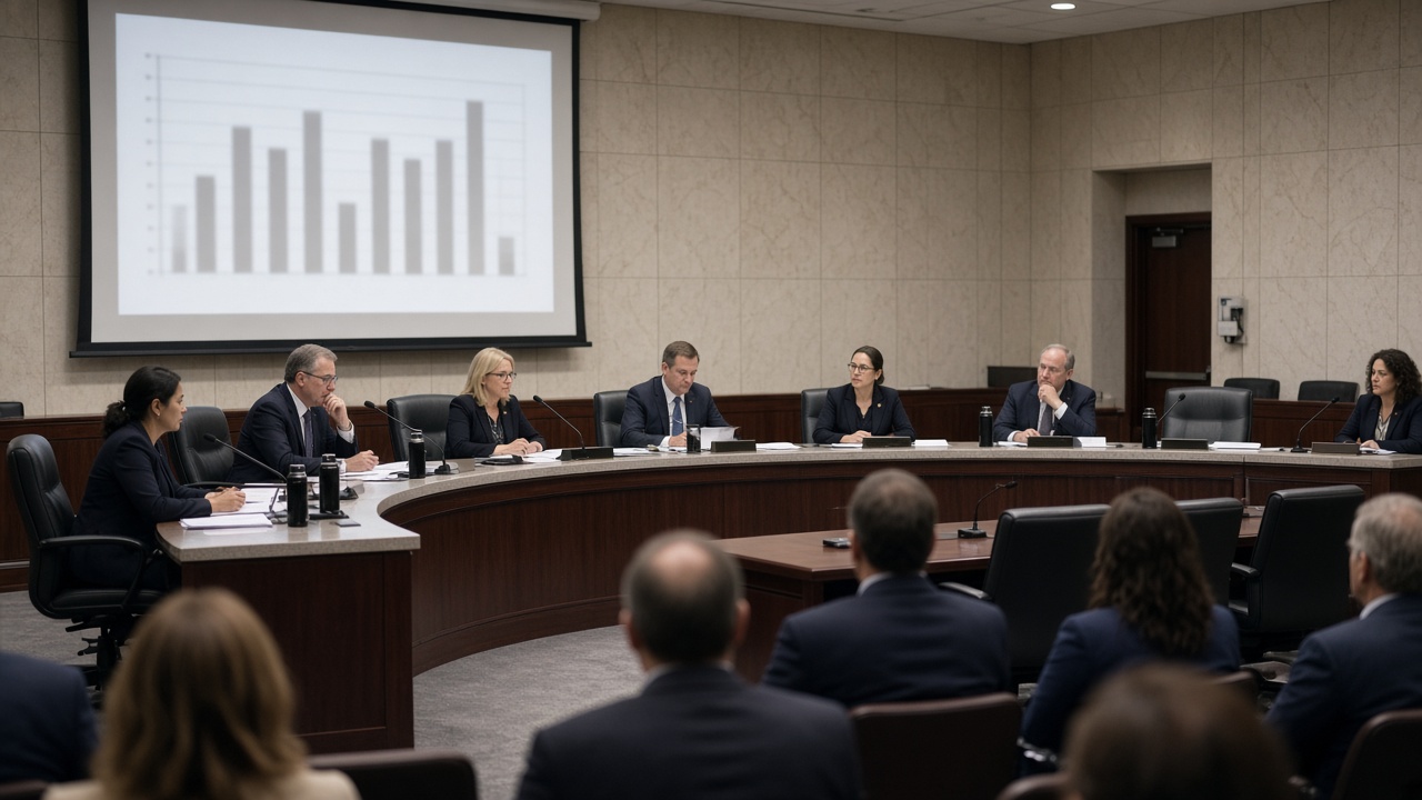 Committee hearing room with legislators seated at a curved desk, projection screen showing a blurred bar chart, microphones and paper binders, no readable text on screen