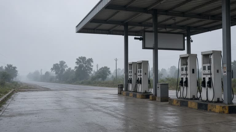 Indian highway petrol station at dawn with wet concrete forecourt, fuel dispensers under a corrugated canopy, hazy sky and a blank price LED board with no readable numbers or logos