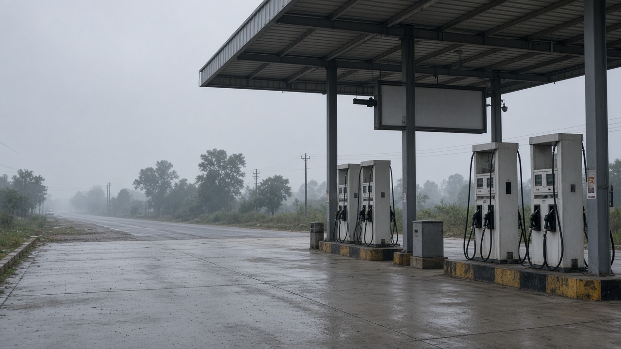 Indian highway petrol station at dawn with wet concrete forecourt, fuel dispensers under a corrugated canopy, hazy sky and a blank price LED board with no readable numbers or logos