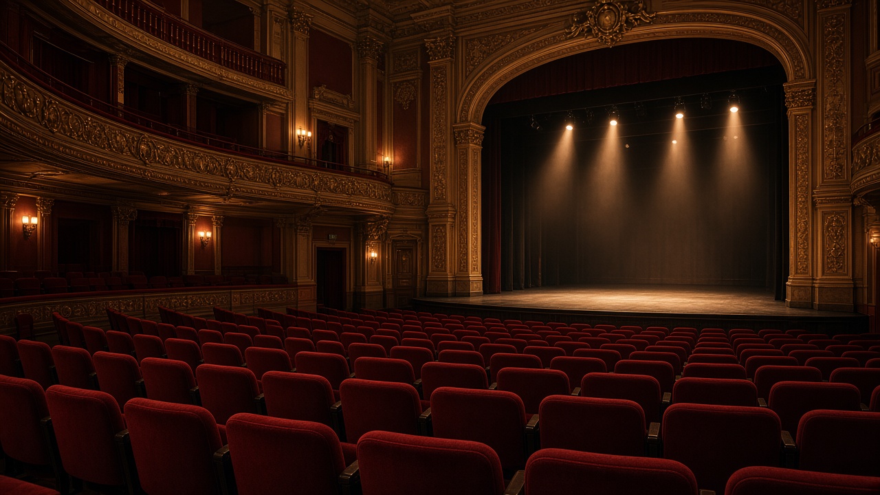 Historic theatre auditorium with red seats and empty stage under warm spotlights, ornate balcony rails, no audience faces and no readable text