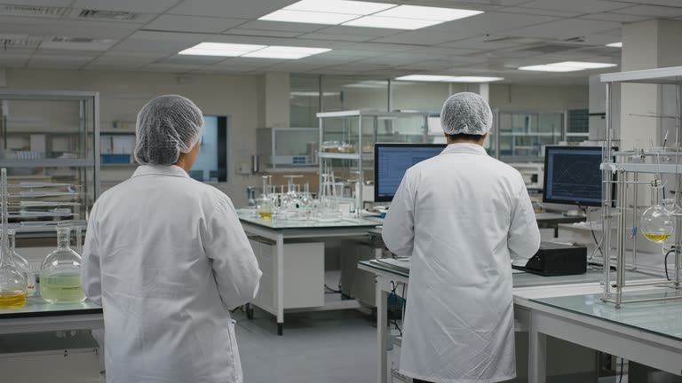 Clean-room pharmaceutical lab with glassware and monitors, technicians in lab coats seen from behind, cool fluorescent light, no readable labels or logos