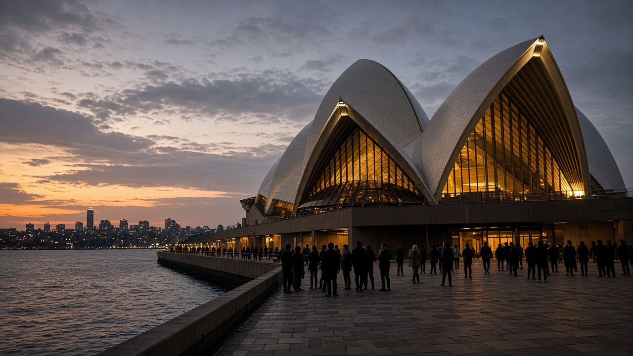 Sydney Opera House sails at dusk viewed from the forecourt with warm interior light glowing through glass, audience members as silhouettes, no logos or readable text