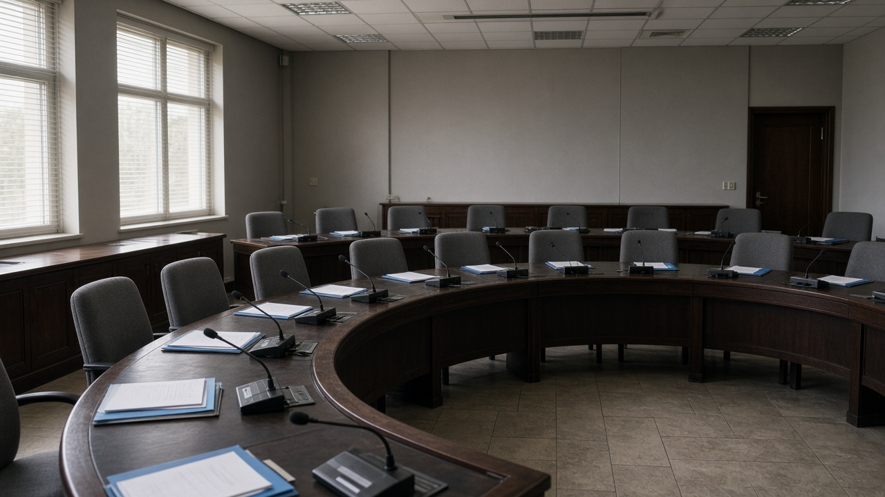 Empty parliamentary committee room with microphones and binders on a horseshoe table, muted daylight, no logos or readable text.