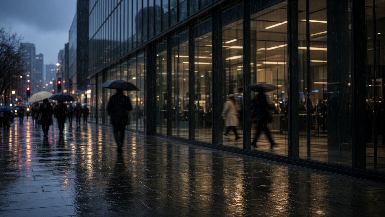 Rain-slick pavement outside a glass office tower in the City of London at dusk, commuters with umbrellas blurred in motion, no logos or readable text