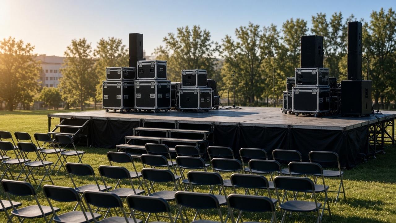 Empty campaign rally stage with folded chairs and stacked sound equipment cases under afternoon sun, blue sky, no banners with readable text, no people