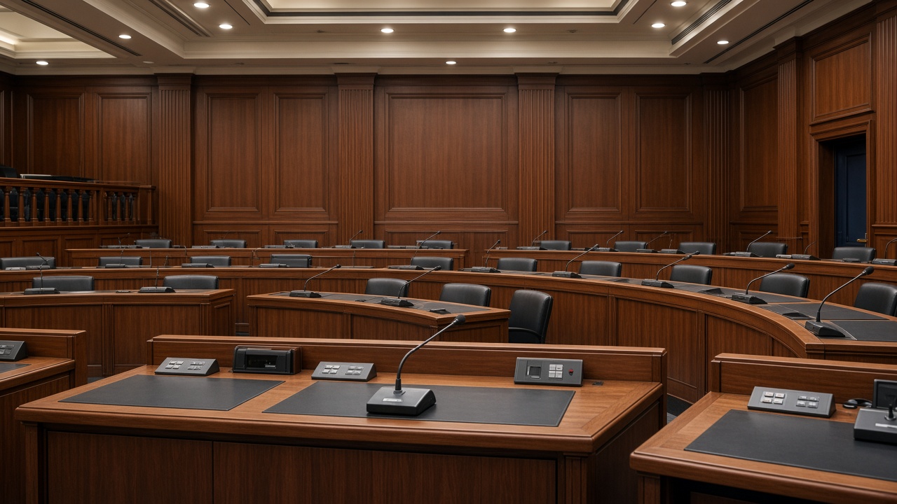 Empty legislative chamber desks with microphones and nameplates turned away from camera, wood paneling and ceiling lights, no logos or readable text
