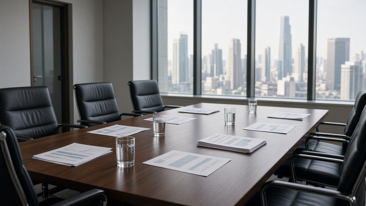 Conference room table with printed financial documents and water glasses, chairs empty, window light from high-rise office, no logos or readable text