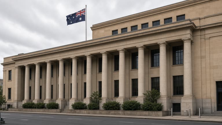 Reserve Bank of Australia building façade in Sydney with sandstone columns and an Australian flag on a pole, overcast midday light, no logos or readable text