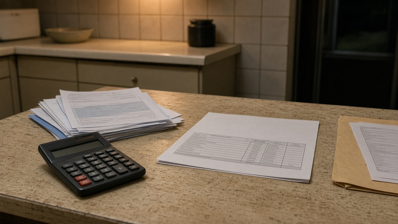 Kitchen table with calculator, utility bills and a CPF statement printout under warm ceiling light, hands out of frame, no readable personal data
