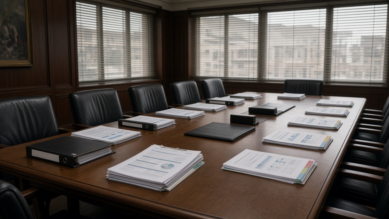 Government conference room with a long table, binders and printed appraisal charts stacked at each seat, blinds half closed, no readable text on papers or nameplates.