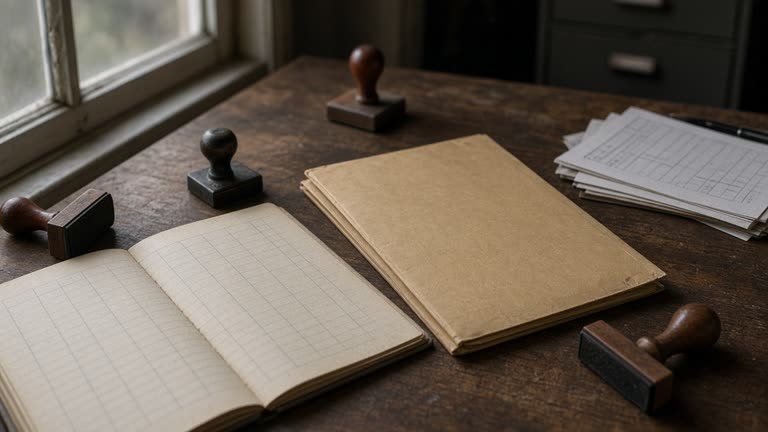 Paper budget ledgers and rubber stamps on a wooden desk beside a closed manila folder, window light from the left, no logos or readable text