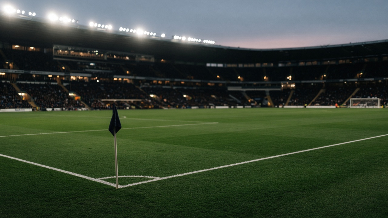 Empty Premier League football pitch before kickoff, painted lines and corner flag, stadium seats blurred in background, no advertising or readable text