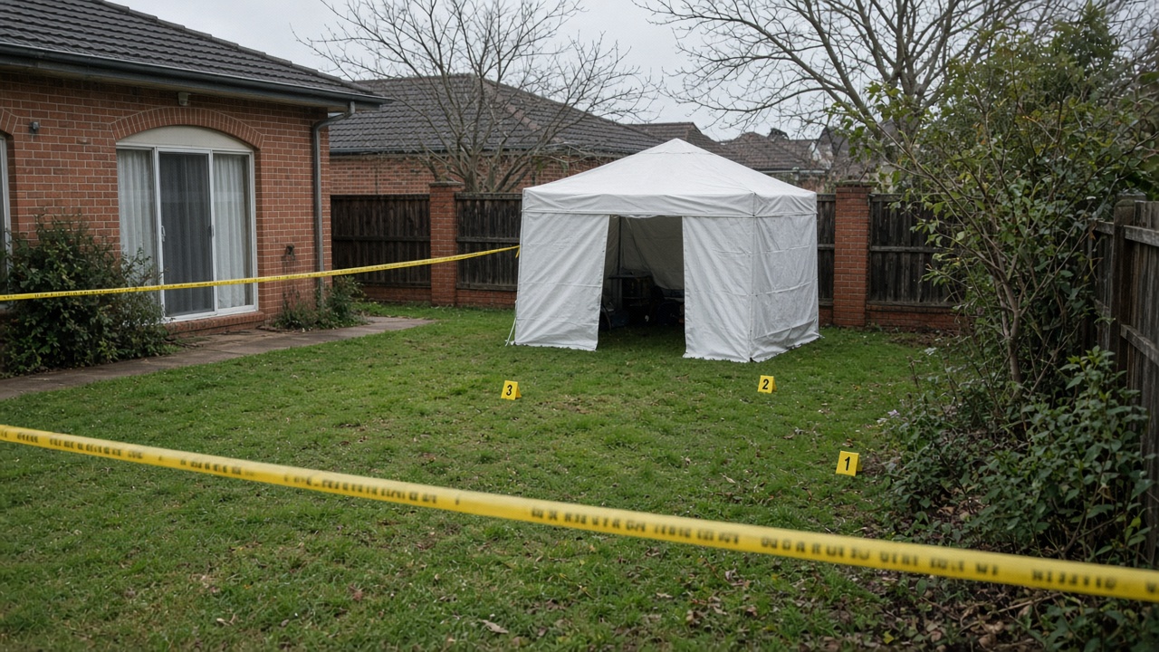 Western Australia Police forensic tents and tape in the backyard of a brick home in Orelia after a body was found