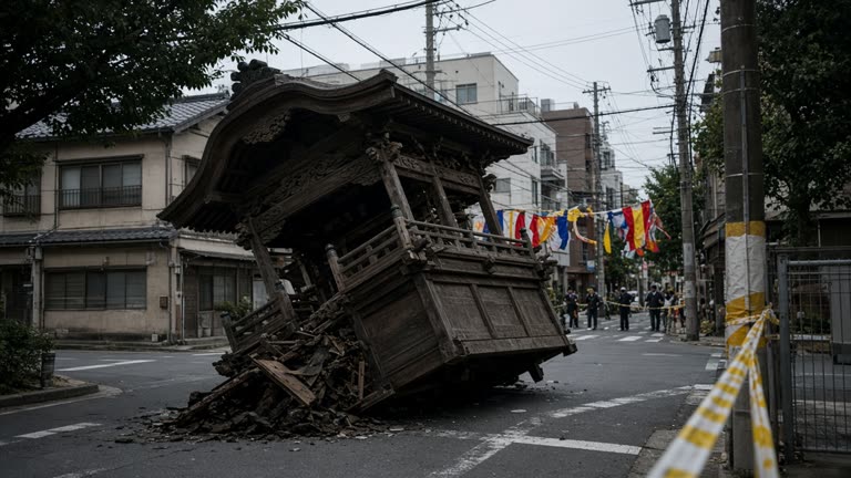 A towering wooden danjiri festival float tilted on its side at a street corner in Osaka Prefecture as police tape and festival banners flutter nearby