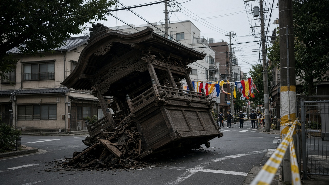A towering wooden danjiri festival float tilted on its side at a street corner in Osaka Prefecture as police tape and festival banners flutter nearby