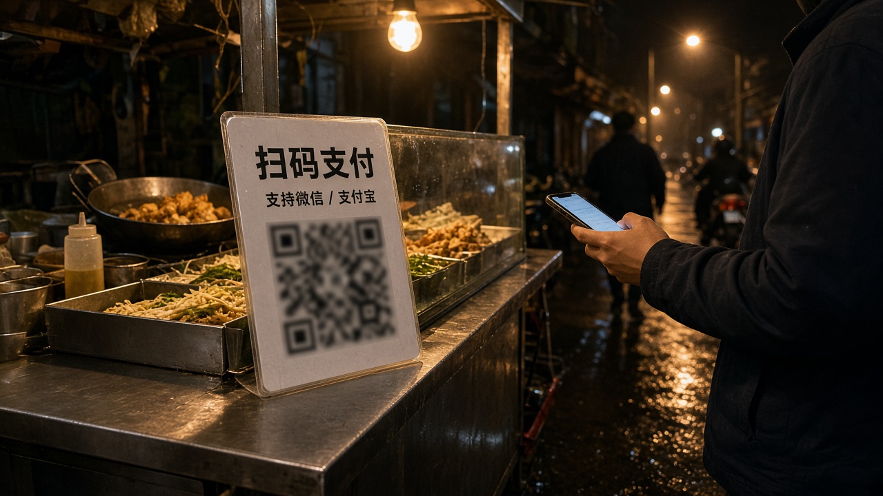Street food stall at night with laminated QR payment sign on counter, customer holding smartphone at distance, sodium street lighting, wet pavement, no readable QR codes or logos