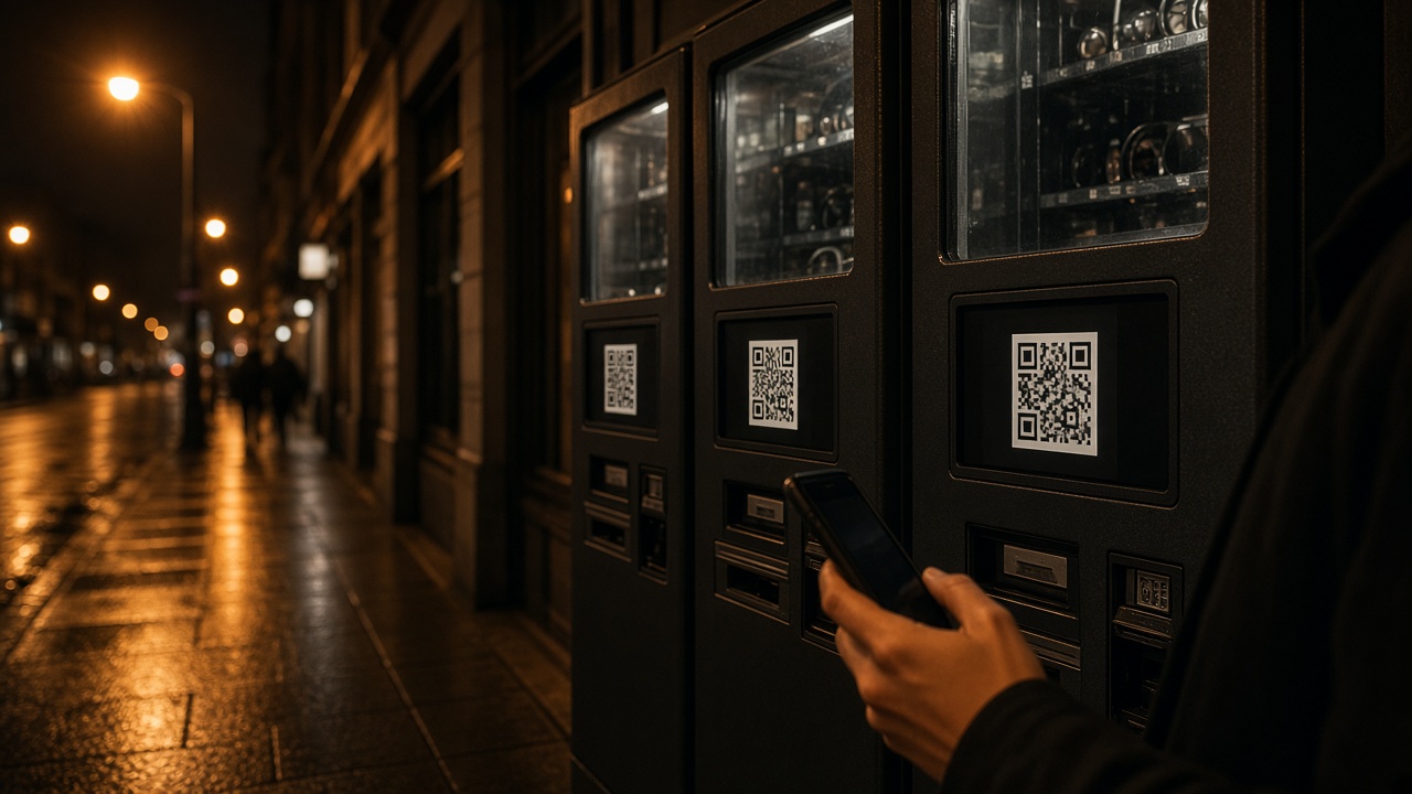 Row of vending machines on a city sidewalk at night under sodium street lamps, QR payment sticker area on machine front, pedestrian holding phone without showing face, no logos or readable text