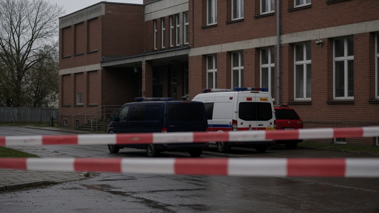 Police tape and emergency vehicles outside a brick vocational school building in Ostrołęka, Poland, after a morning knife attack wounded seven people