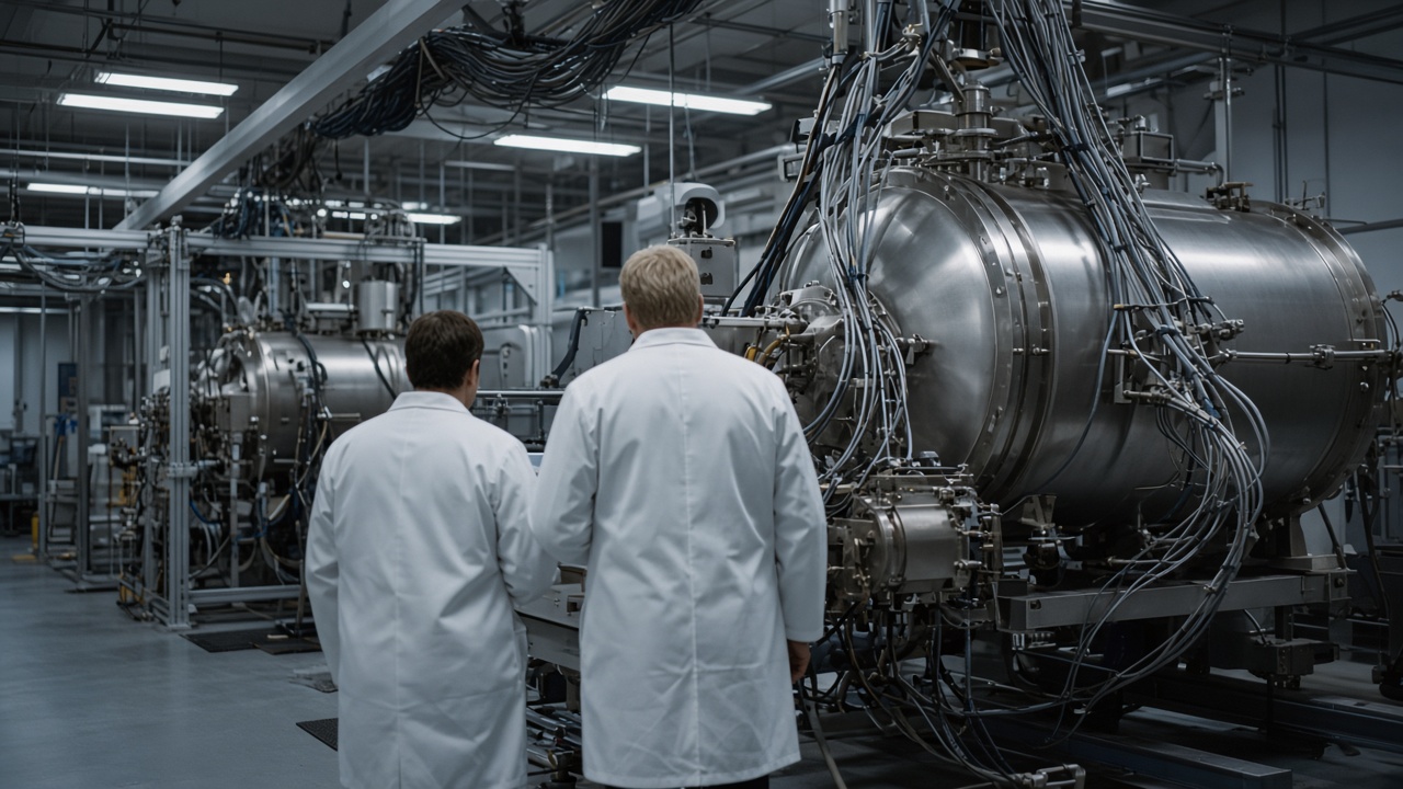 Scientific instrument hall with metal vacuum chambers and cable bundles, technicians in lab coats viewed from behind, no readable badges