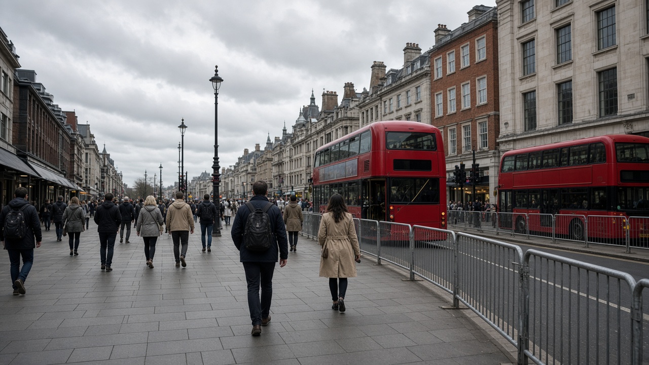 Shoppers walk down a car-free Oxford Street past temporary barriers and red double-decker buses diverted onto a side road under grey London skies.