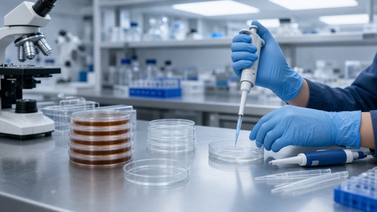 Microscope laboratory bench with petri dishes and pipettes under cool LED panels, researcher hands gloved without visible face, no logos or readable text