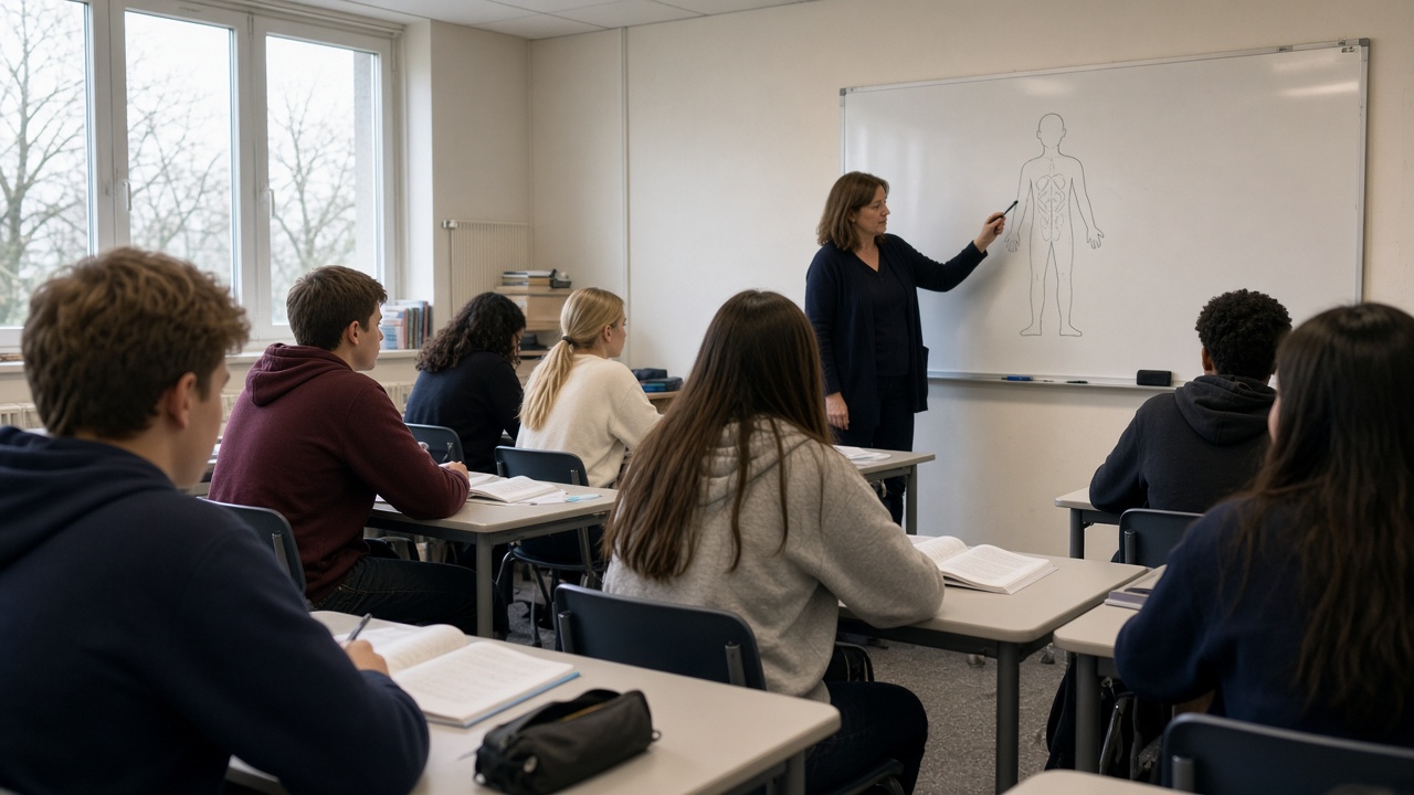 Secondary school classroom with teenagers at desks and a teacher beside a whiteboard showing a simple body diagram, afternoon light through windows, no logos or readable text