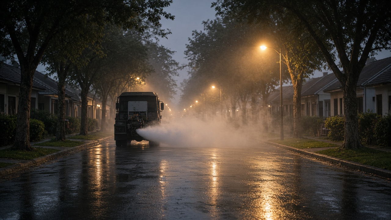 A municipal fogging truck emitting mist along a tree-lined government housing lane at dusk, wet asphalt, sodium street lamps, no people facing camera, no logos or readable text
