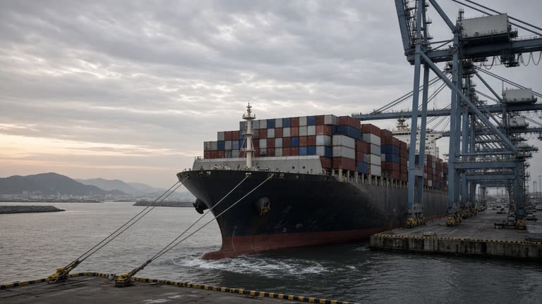 A large container ship docking at Busan Port at dawn with cranes and stacked containers along the quay