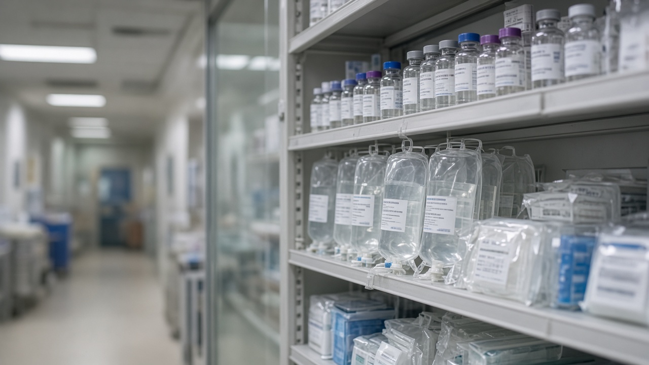 Hospital pharmacy clean room shelf with sealed medication vials and IV supplies under cool fluorescent lighting, out-of-focus corridor beyond glass, no readable labels
