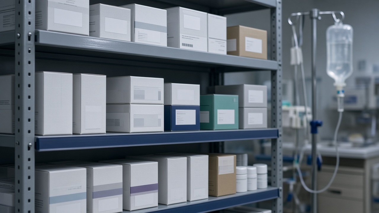 A hospital pharmacy shelf with sealed medication cartons and an IV pole in the background, cool fluorescent lighting, no logos or readable text