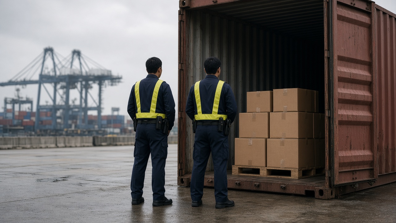 Container cargo area at a port scanning station, officers in uniform beside opened cardboard boxes on a pallet, overcast afternoon light, backs to camera