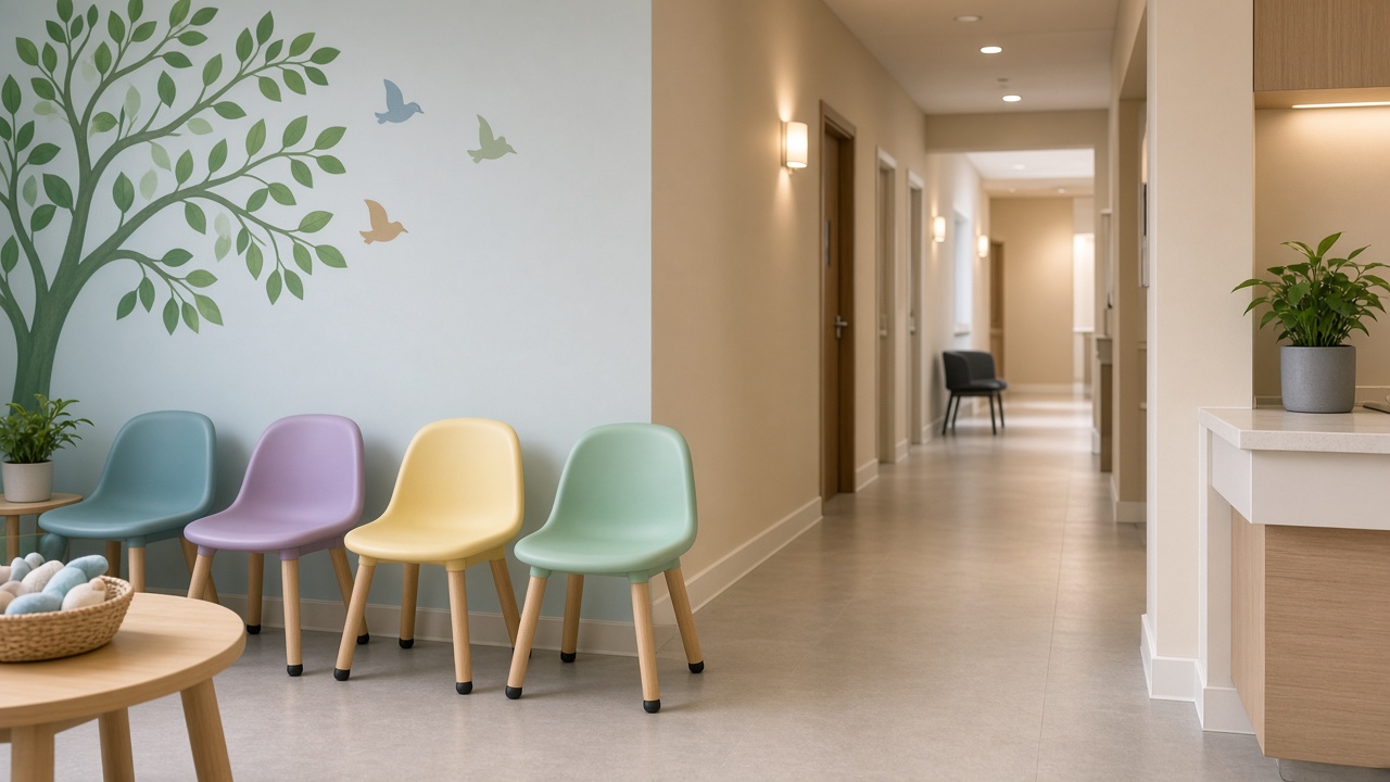 Pediatric clinic waiting area with small chairs and soft lighting, empty hallway beyond, no logos or readable text