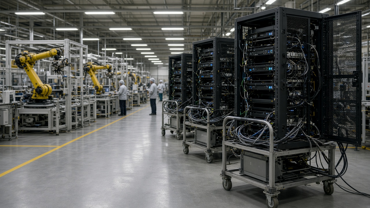 Factory floor with metal server racks on rolling carts beside automated assembly arms, cool fluorescent lighting, cable bundles and ESD flooring, workers in hairnets at a distance without readable badges, no logos or readable text
