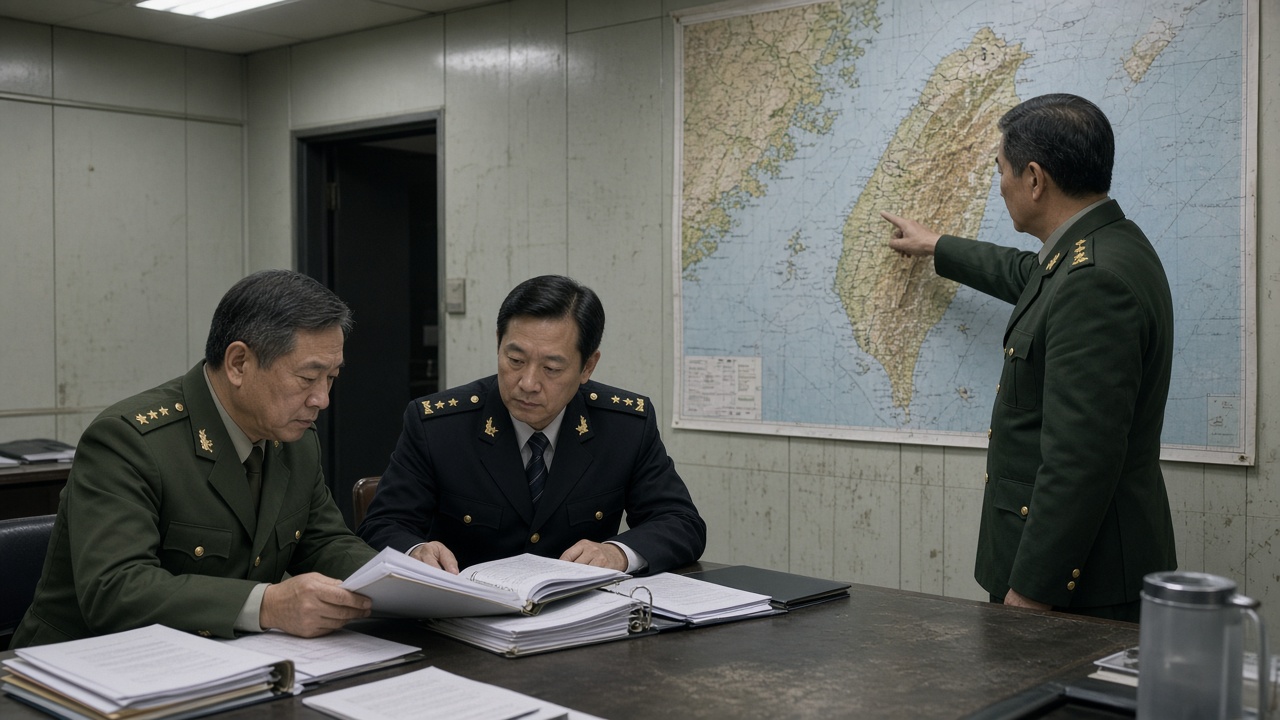 Two defense officials review binders across a table in a windowless MND briefing room while a third officer points to a wall map of the Taiwan Strait.