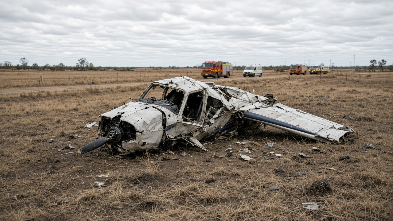 A crumpled single-engine light aircraft lying in a dry paddock near a rural runway north of Perth, with emergency vehicles on a dirt access road in the background.