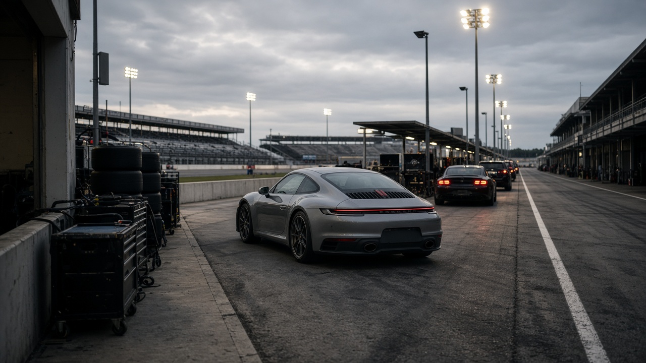 Racing support cars and a single Porsche sports car in a pit lane at dusk under floodlights, tyre stacks and tool carts, no logos or readable text