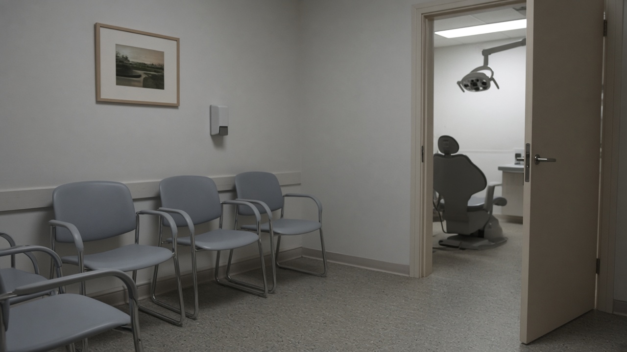Small dental clinic waiting area with plastic chairs and health posters blurred, treatment room door ajar showing chair silhouette, fluorescent lighting, no faces visible, no logos or readable text