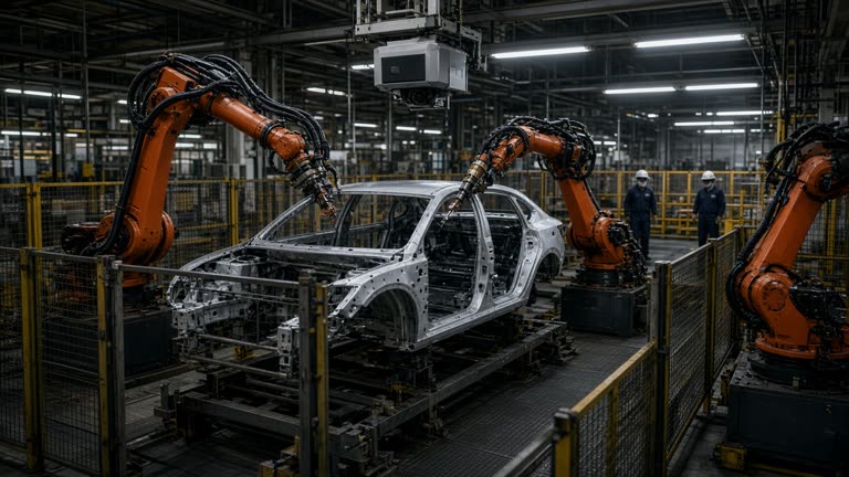 Automotive assembly line with robotic weld cell and overhead industrial camera, sparks shielded, workers in helmets viewed from distance, factory fluorescent light, no logos or readable text
