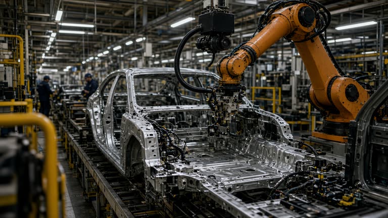 Automotive assembly line with robotic arm and overhead inspection camera, workers in uniforms at a distance, industrial lighting, metal chassis on conveyor, no logos or readable text