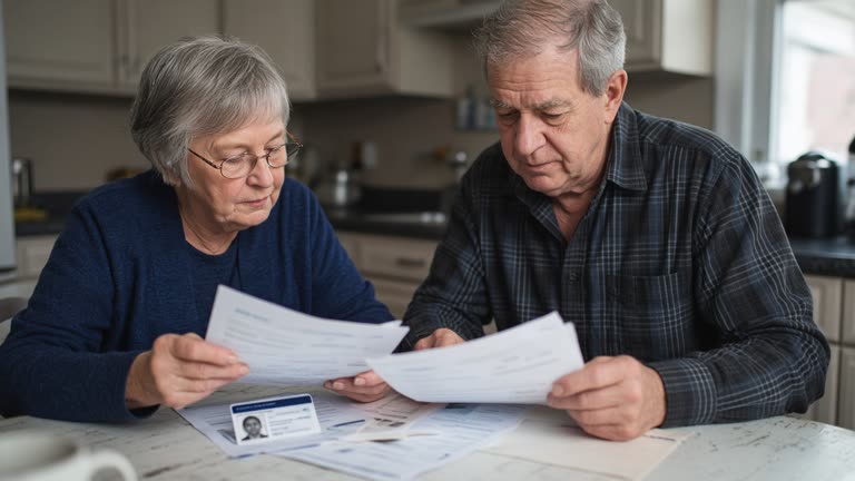 Older couple reviewing private health insurance documents at a kitchen table with Medicare card visible