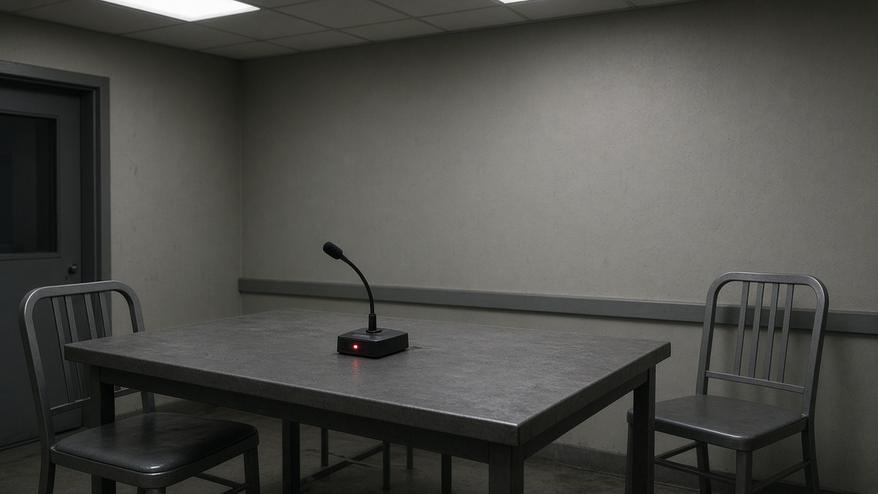 A police station interview room with metal chairs and a recording device on a table, fluorescent ceiling panels, muted walls, no logos or readable text