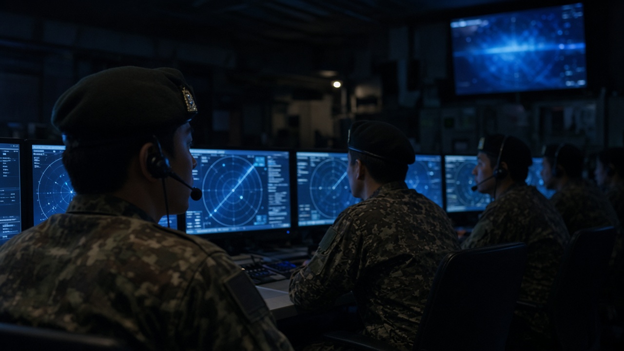 South Korean soldiers in camouflage monitor radar screens in a dim command center during a North Korean missile launch alert