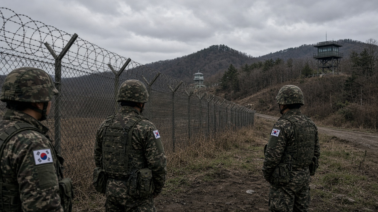 South Korean soldiers in camouflage stand near a barbed-wire fence at the DMZ under grey skies, with watchtowers visible on a wooded ridgeline