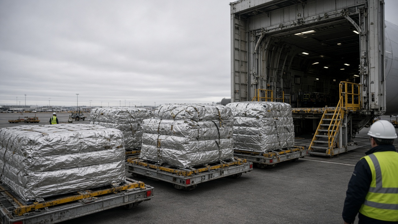 Refrigerated cargo pallets wrapped in silver insulation beside an open air-freight hangar door at Perth Airport at dawn, ground staff in high-vis vests, overcast sky, no logos or readable text