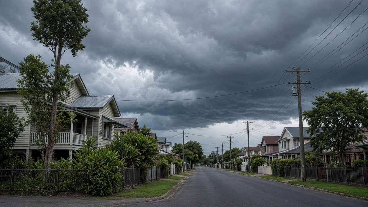 Suburban Brisbane street with power lines and Queenslander houses, storm clouds gathering, no political signage or readable text
