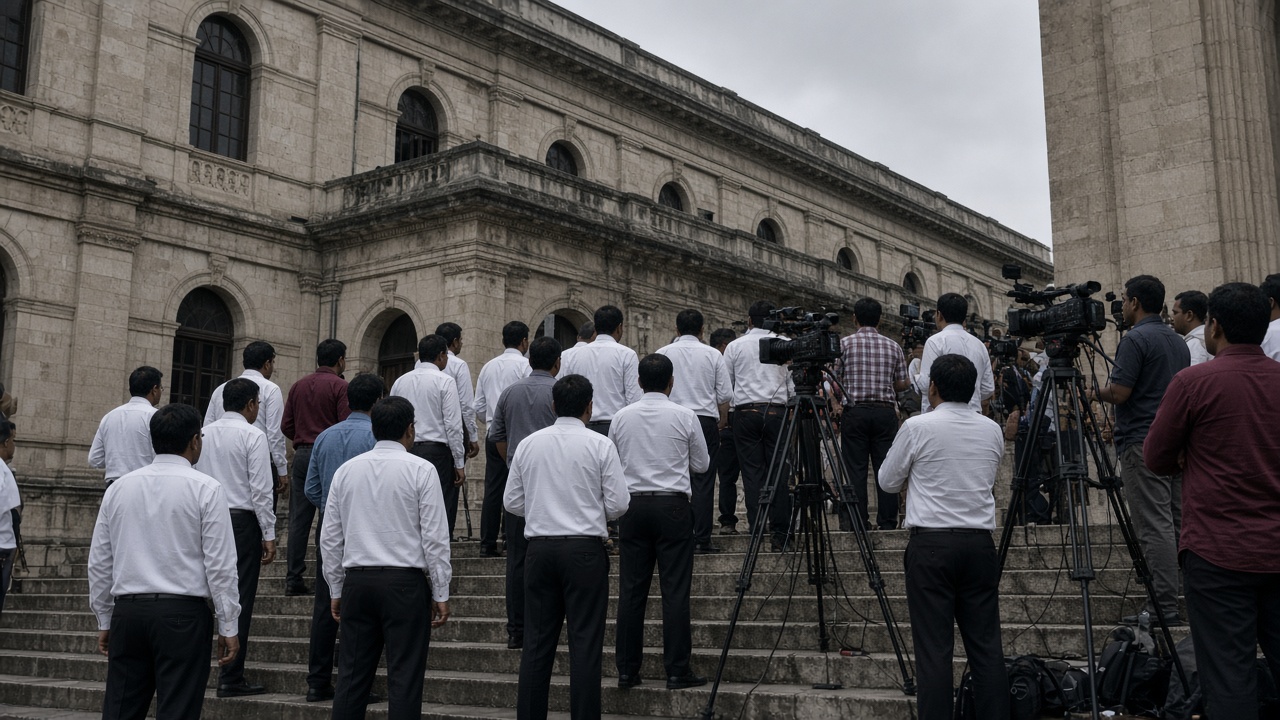 Lawyers and aides gather outside a district courthouse in Sultanpur, Uttar Pradesh, under muted monsoon light as media crews set up tripods on the steps.
