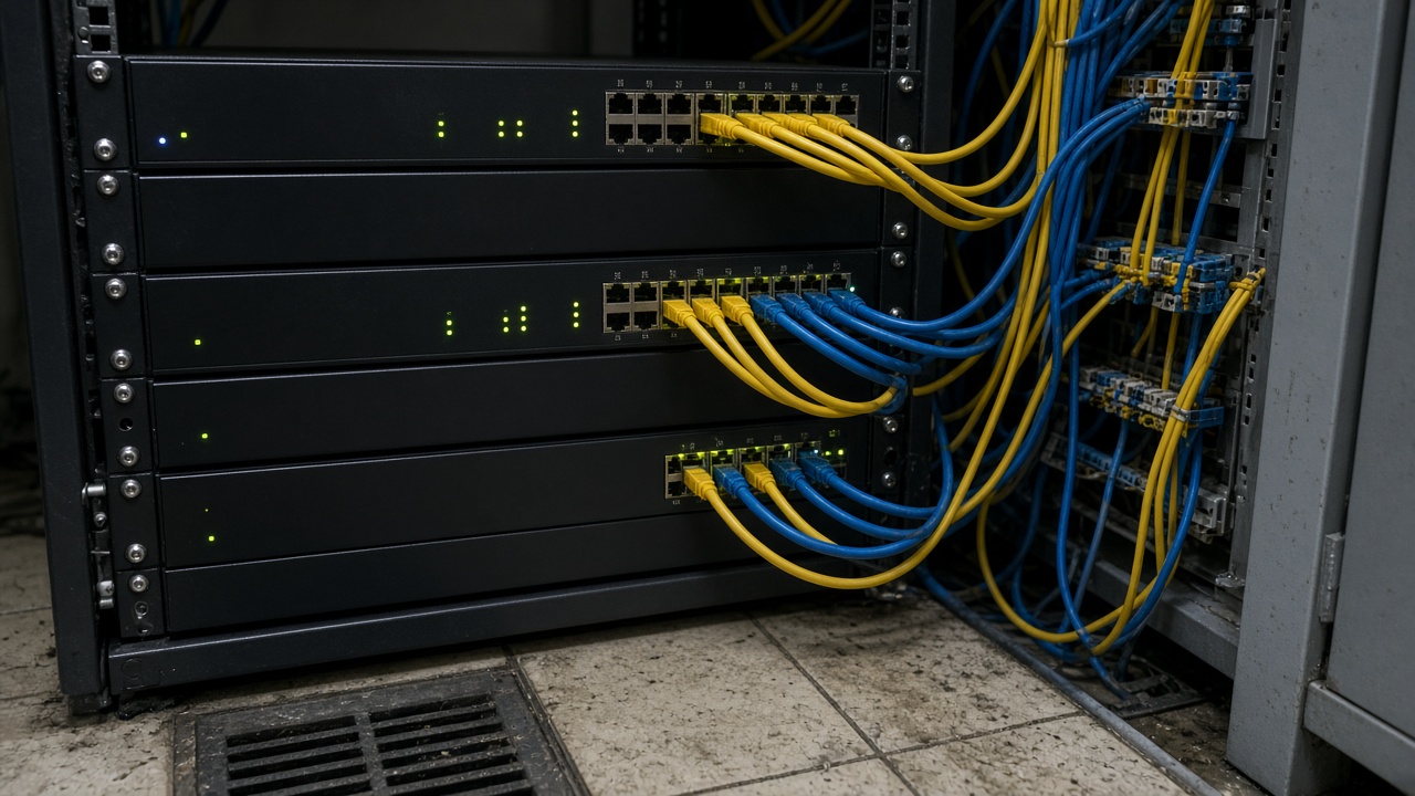 Black rack-mounted network appliances with blinking status LEDs in a cluttered wiring closet, yellow and blue ethernet cables, dusty floor tiles, no logos or readable labels.