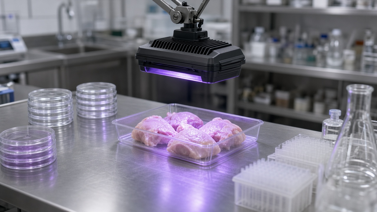 Food safety laboratory bench with petri dishes and violet LED lamp over chicken sample tray, stainless steel surfaces, cool white lighting, no logos or readable text