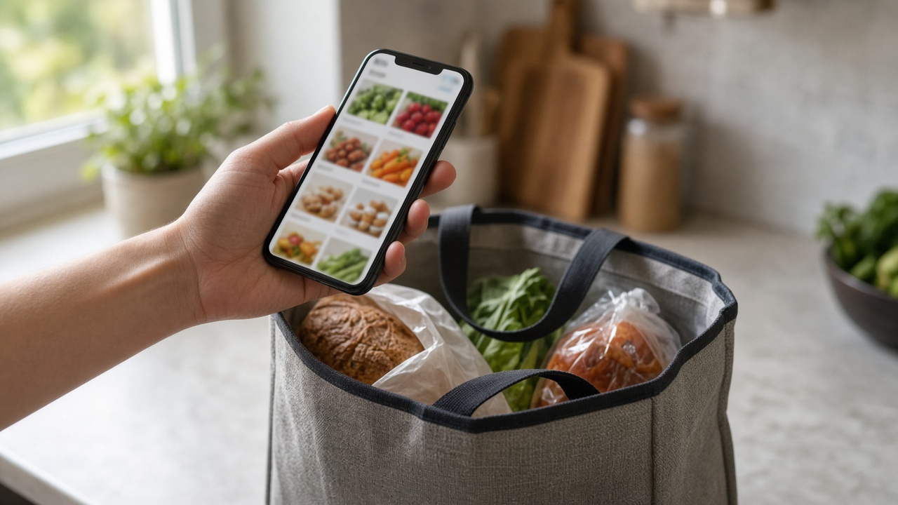 Hand holding a smartphone above a reusable grocery delivery tote on a kitchen counter, blurred product thumbnails on screen, no readable text